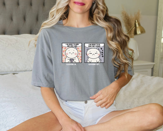 Clocking In and Clocking Out - Cute, Funny Doodle Nurse Shirt - Crew Neck Short Sleeve Shirt