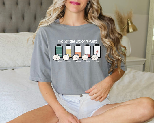 The Battery Life of a Nurse - Cute, Funny Doodle Nurse Shirt - Crew Neck Short Sleeve Shirt
