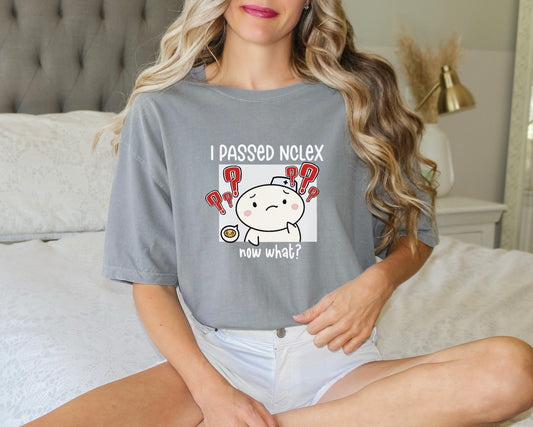 I Passed NCLEX, Now What? - Cute, Funny Nursing Student Doodle Shirt - Crew Neck Short Sleeve Shirt