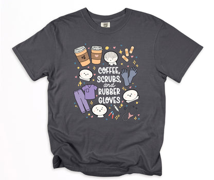 Coffee, Scrubs and Rubber Gloves - Cute, Funny Doodle Nurse Shirt - Crew Neck Short Sleeve Shirt