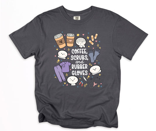 Coffee, Scrubs and Rubber Gloves - Cute, Funny Doodle Nurse Shirt - Crew Neck Short Sleeve Shirt