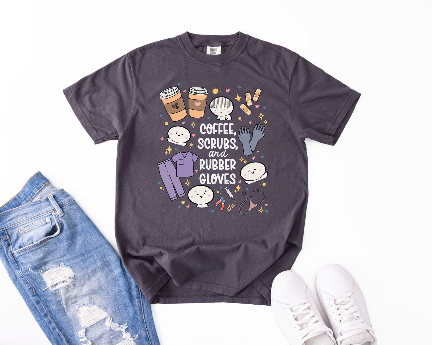 Coffee, Scrubs and Rubber Gloves - Cute, Funny Doodle Nurse Shirt - Crew Neck Short Sleeve Shirt