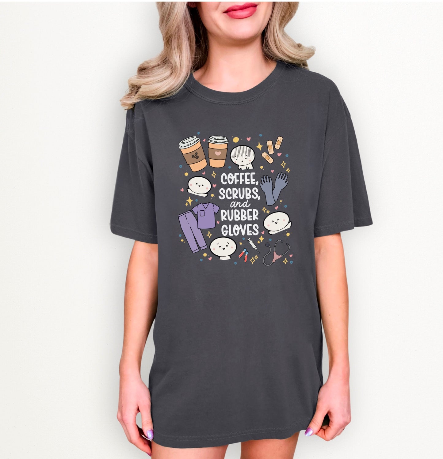 Coffee, Scrubs and Rubber Gloves - Cute, Funny Doodle Nurse Shirt - Crew Neck Short Sleeve Shirt