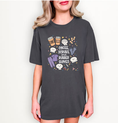 Coffee, Scrubs and Rubber Gloves - Cute, Funny Doodle Nurse Shirt - Crew Neck Short Sleeve Shirt