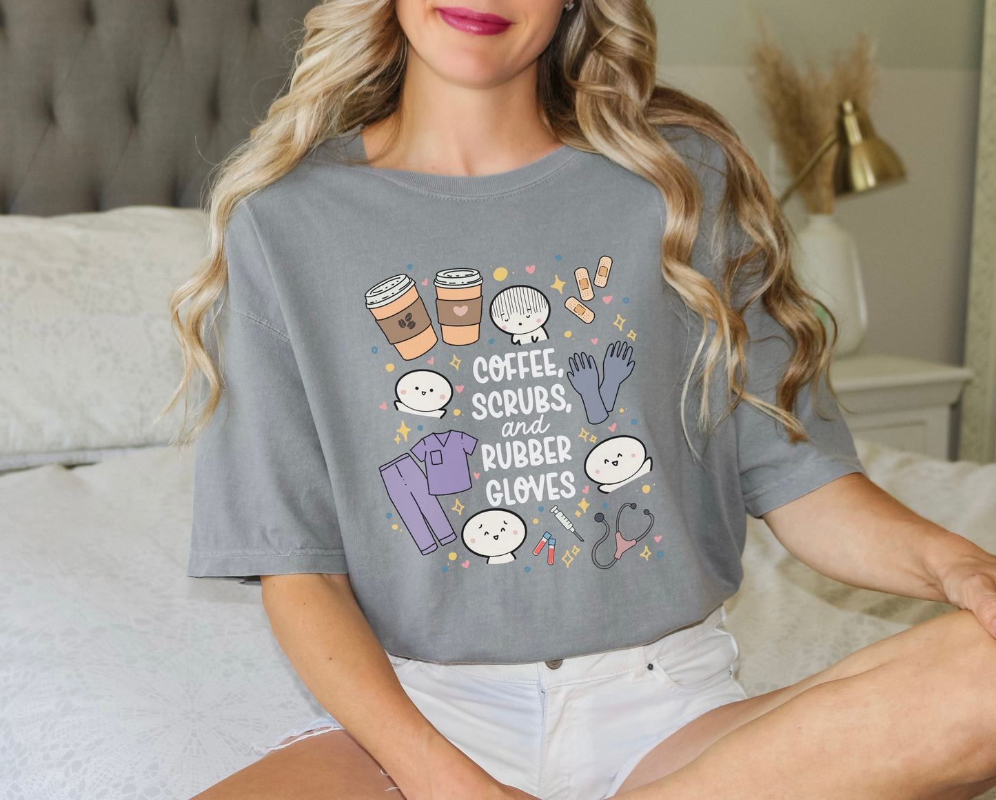 Coffee, Scrubs and Rubber Gloves - Cute, Funny Doodle Nurse Shirt - Crew Neck Short Sleeve Shirt