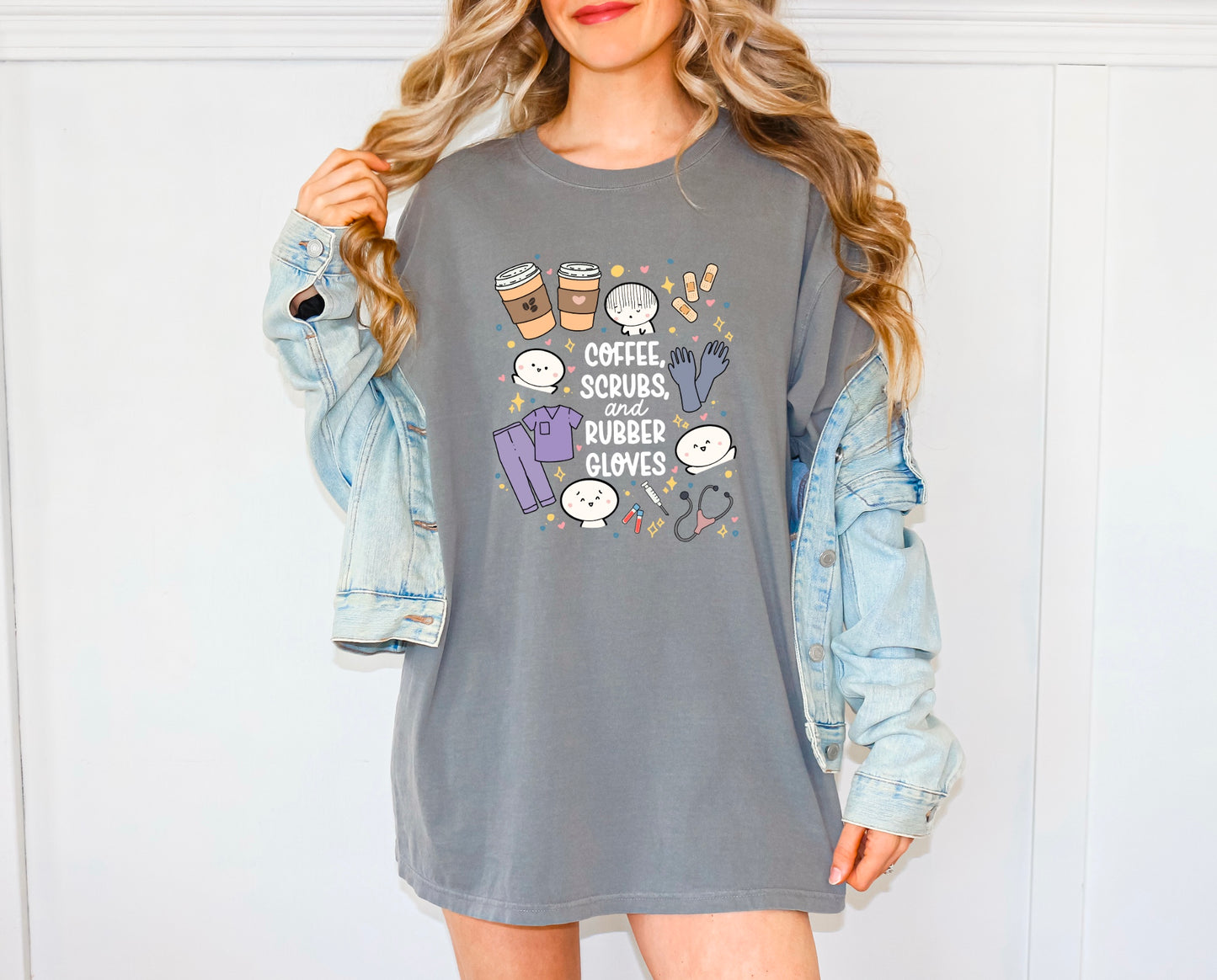 Coffee, Scrubs and Rubber Gloves - Cute, Funny Doodle Nurse Shirt - Crew Neck Short Sleeve Shirt