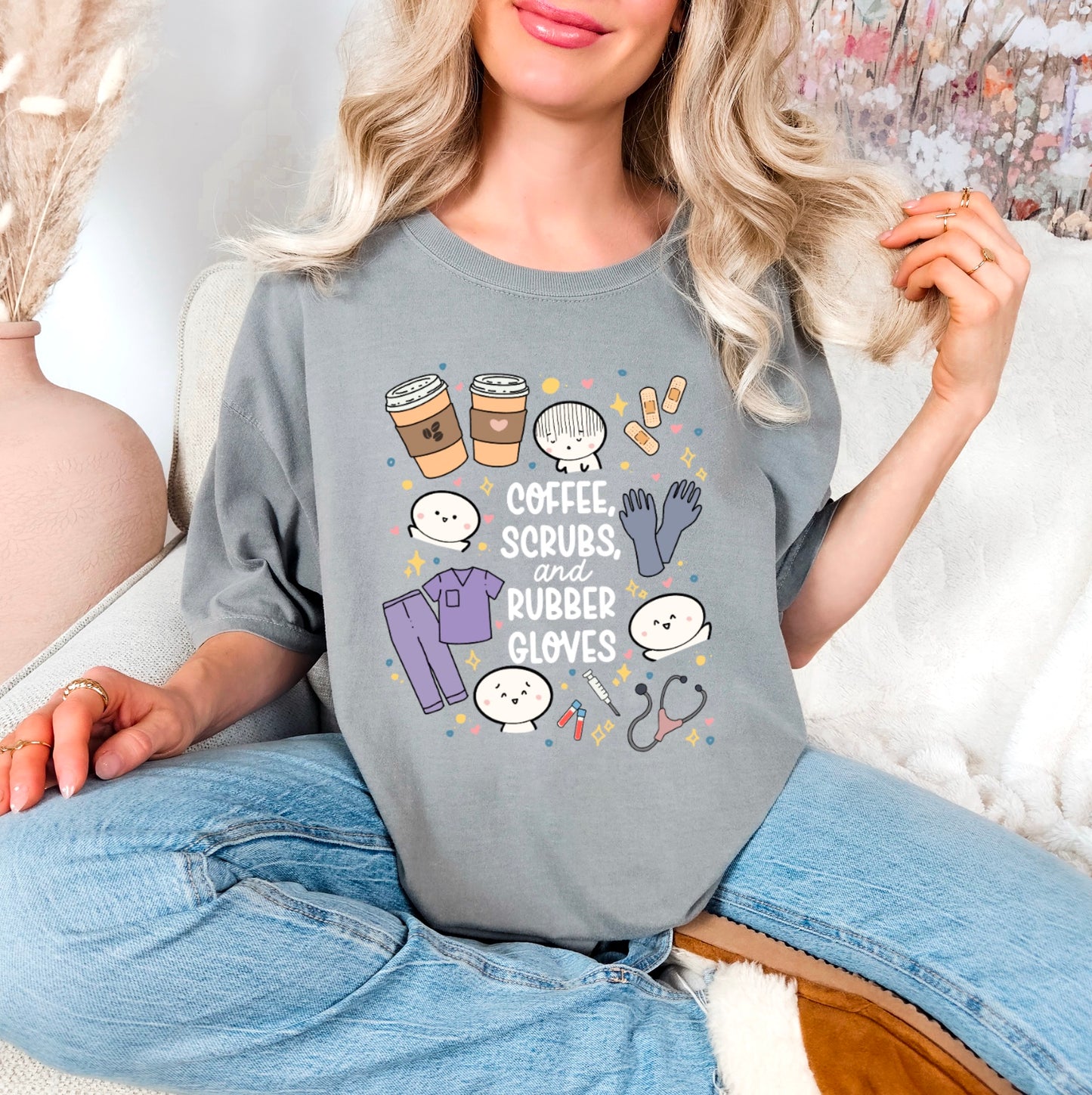 Coffee, Scrubs and Rubber Gloves - Cute, Funny Doodle Nurse Shirt - Crew Neck Short Sleeve Shirt