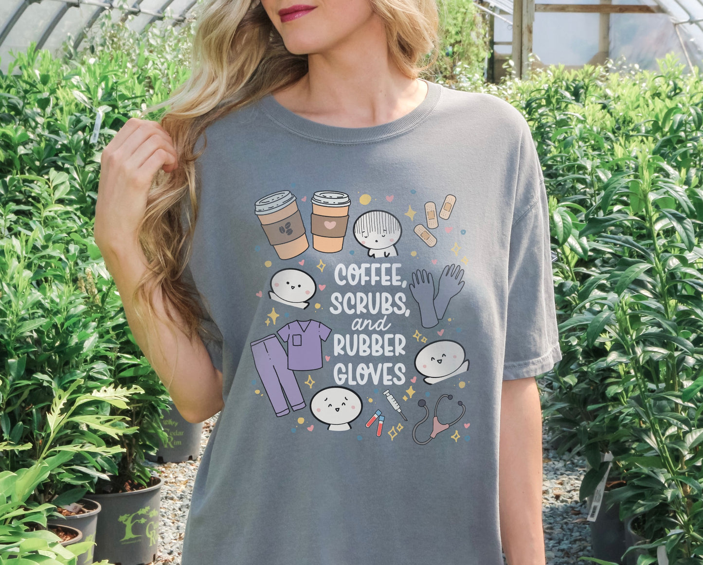 Coffee, Scrubs and Rubber Gloves - Cute, Funny Doodle Nurse Shirt - Crew Neck Short Sleeve Shirt