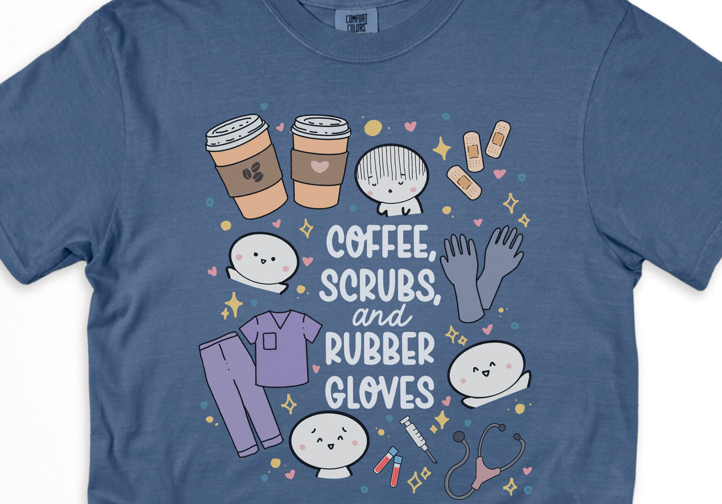 Coffee, Scrubs and Rubber Gloves - Cute, Funny Doodle Nurse Shirt - Crew Neck Short Sleeve Shirt