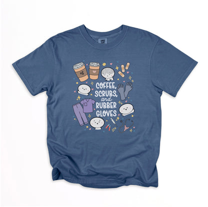 Coffee, Scrubs and Rubber Gloves - Cute, Funny Doodle Nurse Shirt - Crew Neck Short Sleeve Shirt
