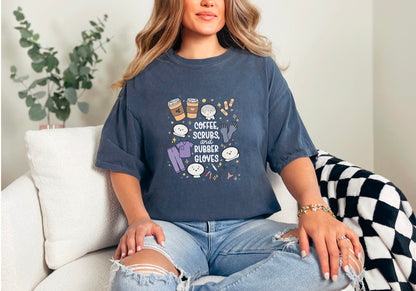 Coffee, Scrubs and Rubber Gloves - Cute, Funny Doodle Nurse Shirt - Crew Neck Short Sleeve Shirt