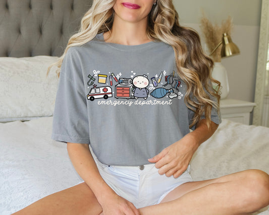 Emergency Department - Cute, Funny Doodle Nurse Shirt - Crew Neck Short Sleeve Shirt