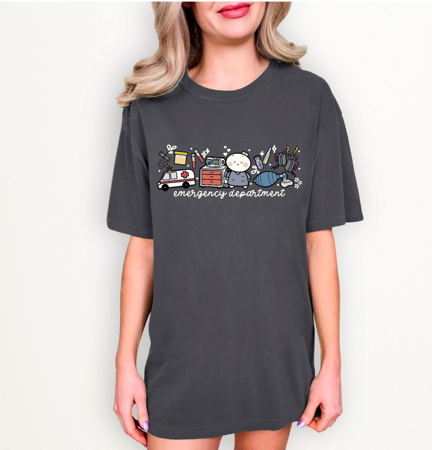 Emergency Department - Cute, Funny Doodle Nurse Shirt - Crew Neck Short Sleeve Shirt