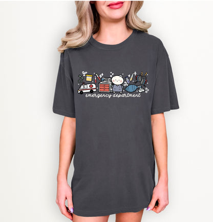 Emergency Department - Cute, Funny Doodle Nurse Shirt - Crew Neck Short Sleeve Shirt