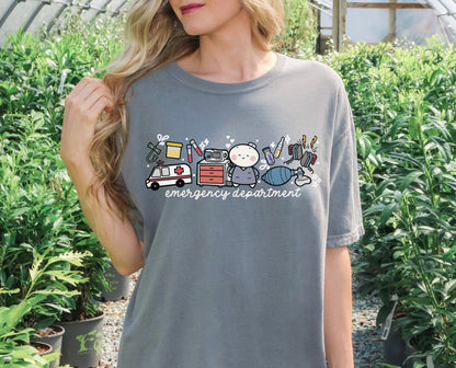 Emergency Department - Cute, Funny Doodle Nurse Shirt - Crew Neck Short Sleeve Shirt