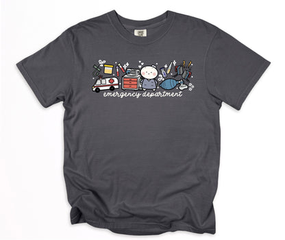 Emergency Department - Cute, Funny Doodle Nurse Shirt - Crew Neck Short Sleeve Shirt