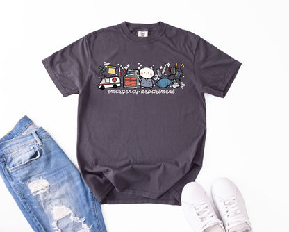 Emergency Department - Cute, Funny Doodle Nurse Shirt - Crew Neck Short Sleeve Shirt
