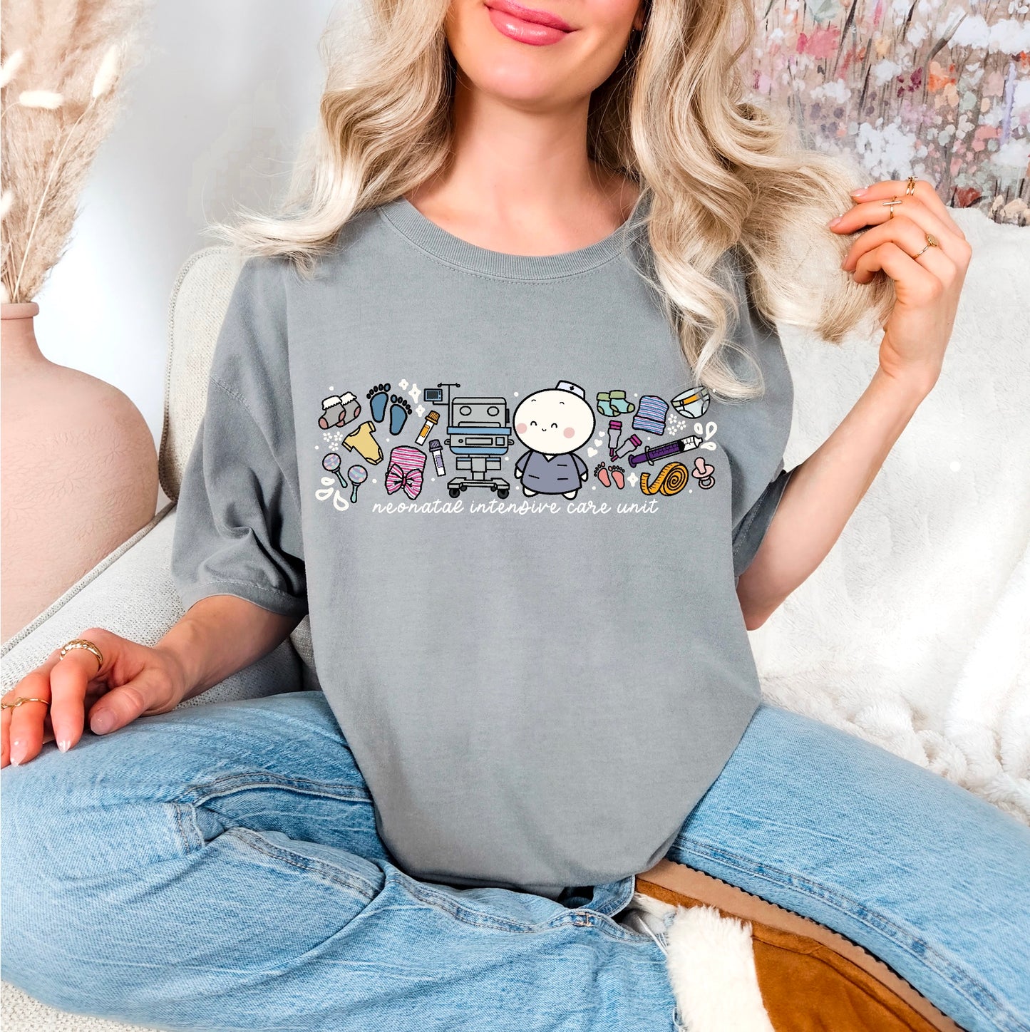 Neonatal Intensive Care Unit (NICU) - Cute, Funny Doodle Nurse Shirt - Crew Neck Short Sleeve Shirt