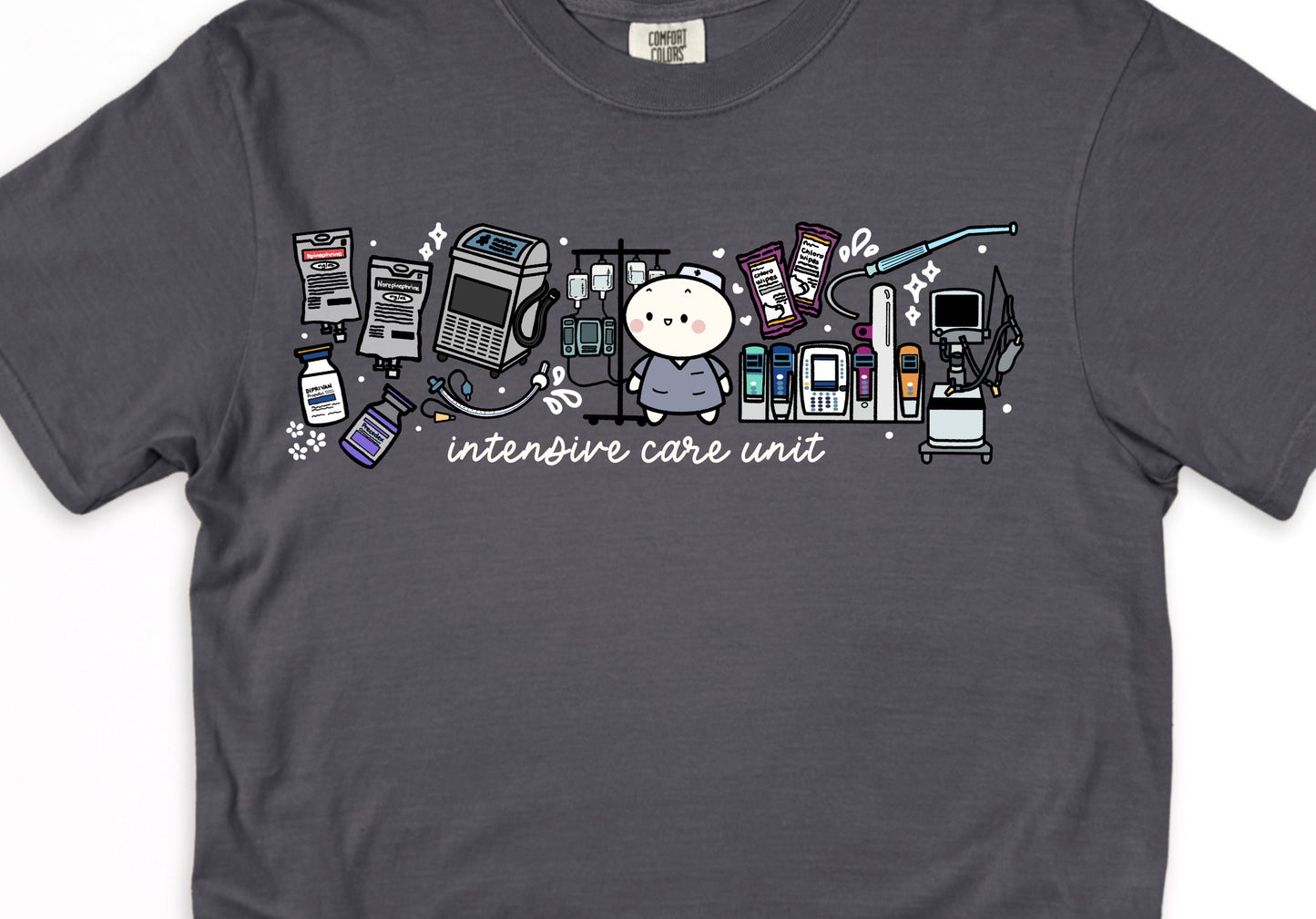 Intensive Care Unit Department (ICU) - Cute, Funny Doodle Nurse Shirt - Crew Neck Short Sleeve Shirt