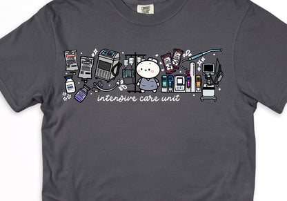 Intensive Care Unit Department (ICU) - Cute, Funny Doodle Nurse Shirt - Crew Neck Short Sleeve Shirt