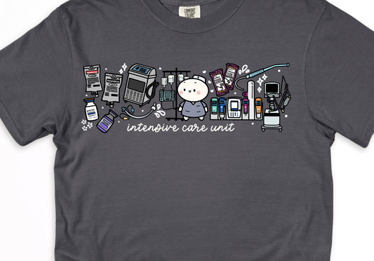 Intensive Care Unit Department (ICU) - Cute, Funny Doodle Nurse Shirt - Crew Neck Short Sleeve Shirt