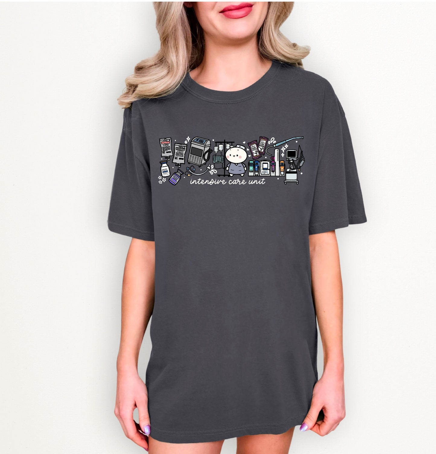 Intensive Care Unit Department (ICU) - Cute, Funny Doodle Nurse Shirt - Crew Neck Short Sleeve Shirt