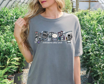 Intensive Care Unit Department (ICU) - Cute, Funny Doodle Nurse Shirt - Crew Neck Short Sleeve Shirt