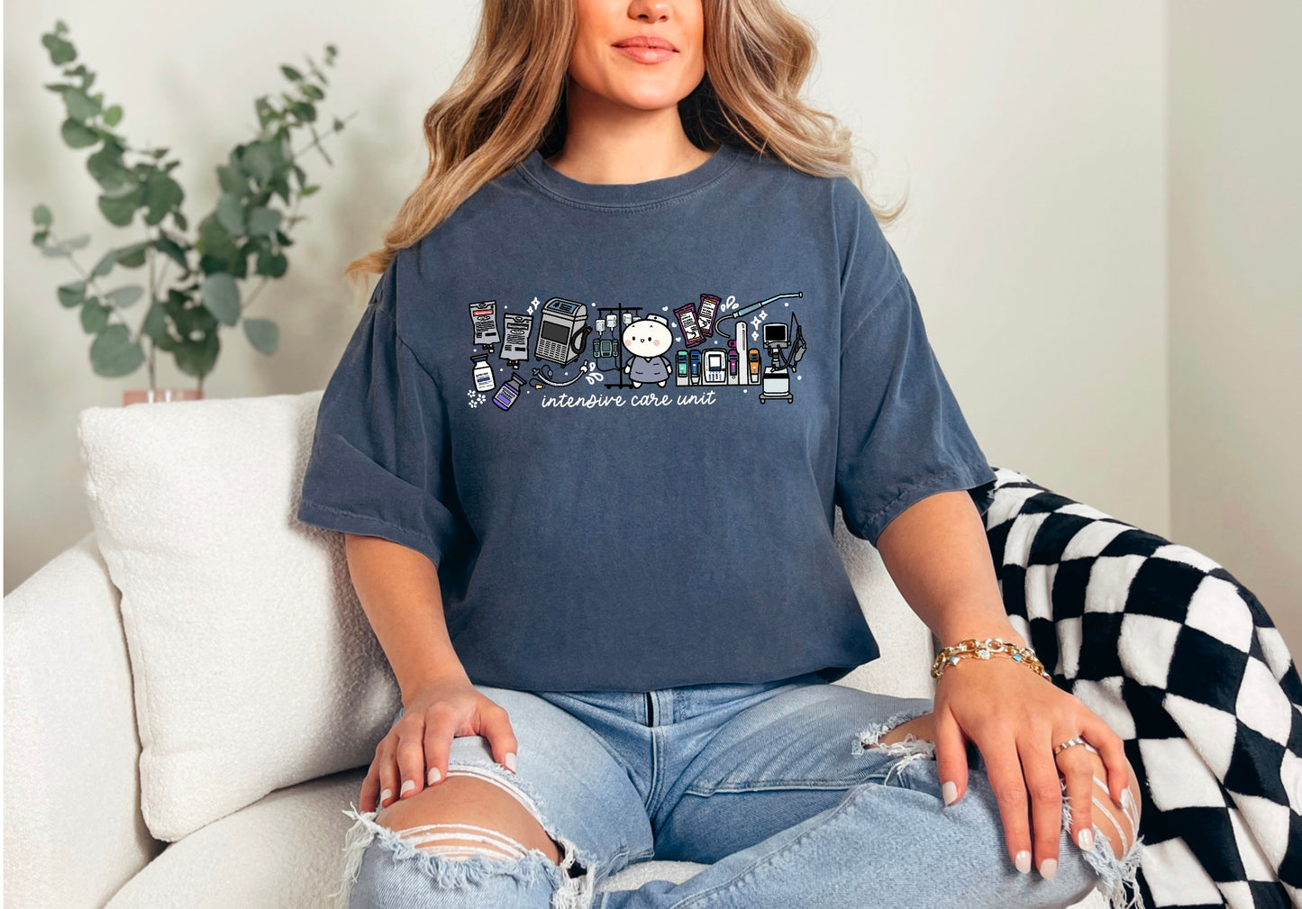 Intensive Care Unit Department (ICU) - Cute, Funny Doodle Nurse Shirt - Crew Neck Short Sleeve Shirt