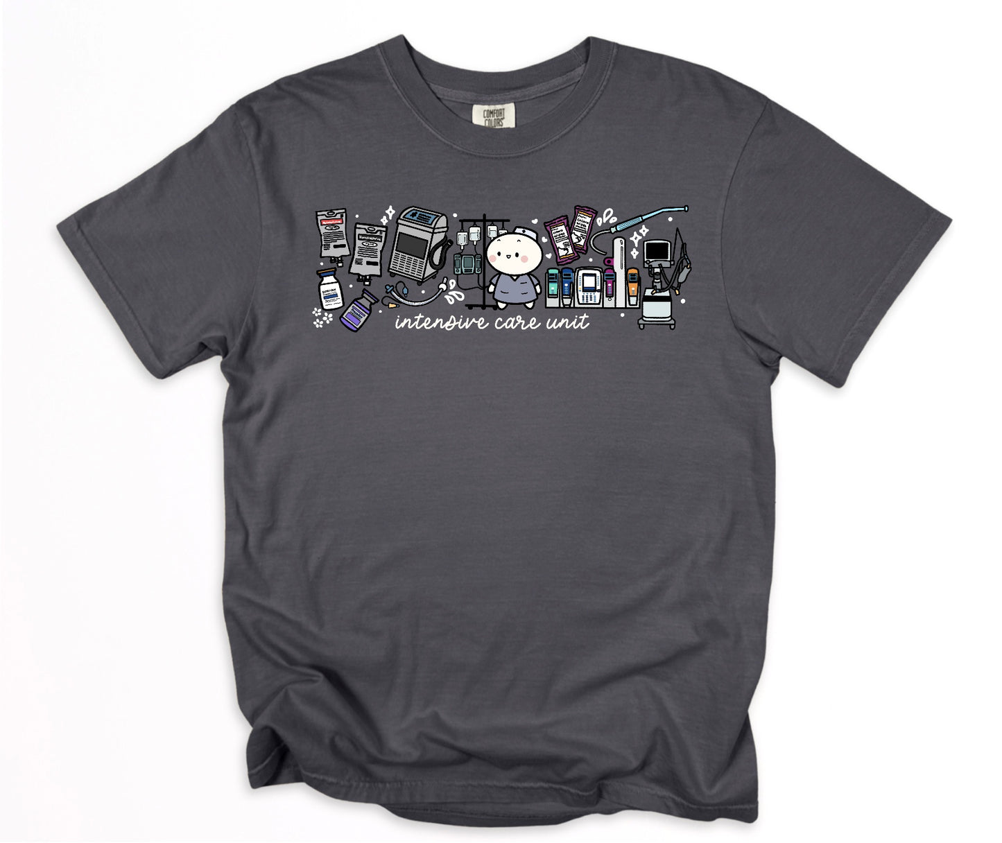 Intensive Care Unit Department (ICU) - Cute, Funny Doodle Nurse Shirt - Crew Neck Short Sleeve Shirt