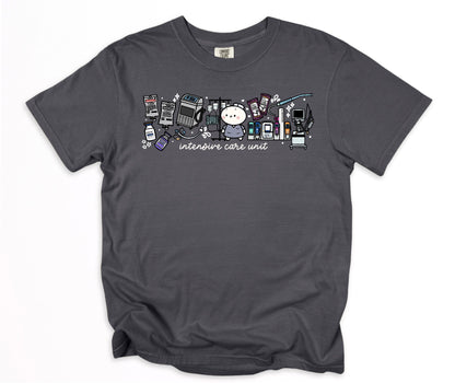 Intensive Care Unit Department (ICU) - Cute, Funny Doodle Nurse Shirt - Crew Neck Short Sleeve Shirt