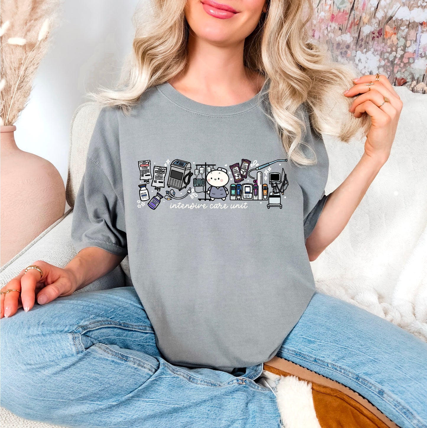 Intensive Care Unit Department (ICU) - Cute, Funny Doodle Nurse Shirt - Crew Neck Short Sleeve Shirt