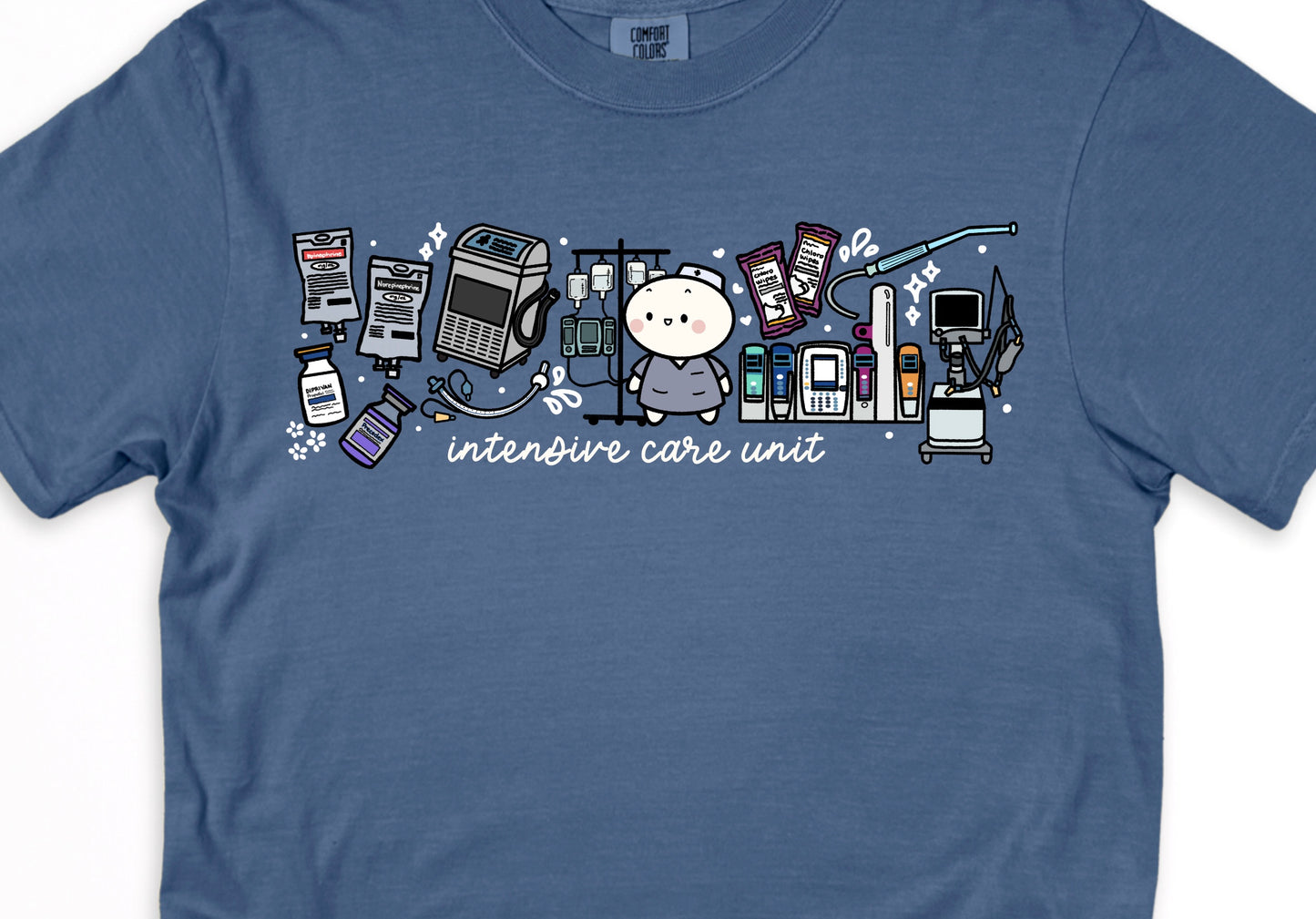 Intensive Care Unit Department (ICU) - Cute, Funny Doodle Nurse Shirt - Crew Neck Short Sleeve Shirt