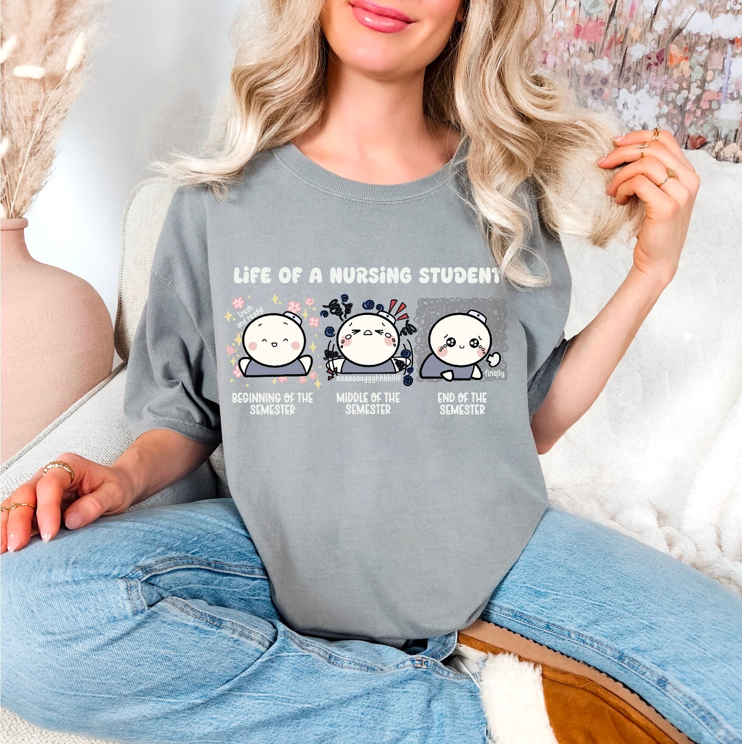 Life of a Nursing Student - Cute, Funny Doodle Nurse Shirt - Nursing Student Life Tee - Crew Neck Short Sleeve Shirt