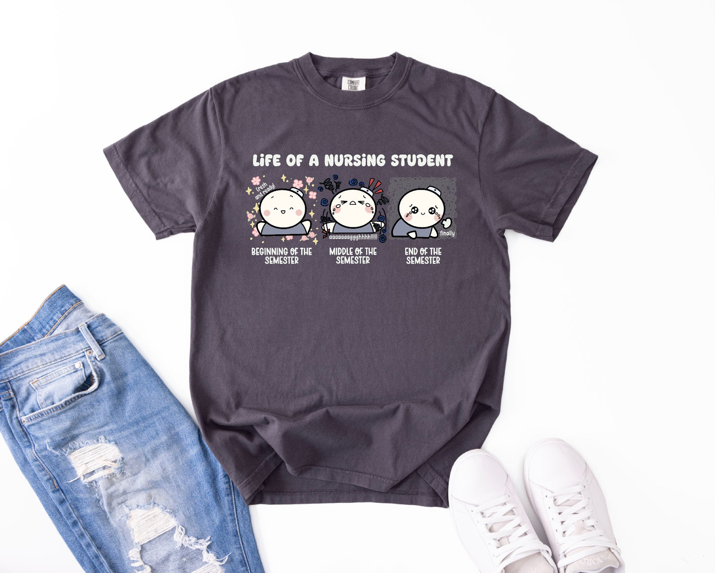 Life of a Nursing Student - Cute, Funny Doodle Nurse Shirt - Nursing Student Life Tee - Crew Neck Short Sleeve Shirt