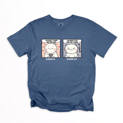 Clocking In and Clocking Out - Cute, Funny Doodle Nurse Shirt - Crew Neck Short Sleeve Shirt