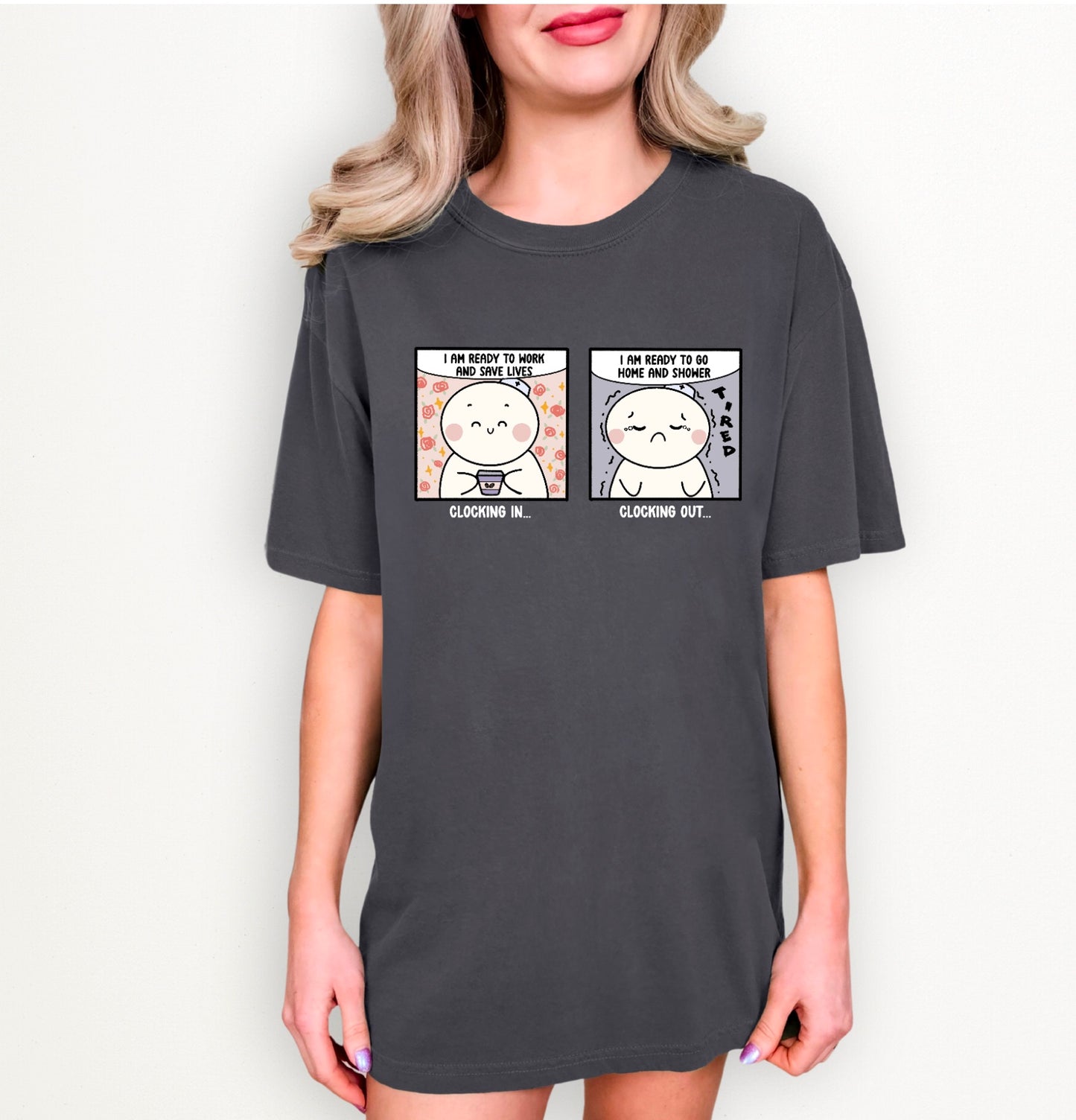 Clocking In and Clocking Out - Cute, Funny Doodle Nurse Shirt - Crew Neck Short Sleeve Shirt