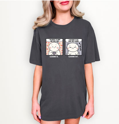 Clocking In and Clocking Out - Cute, Funny Doodle Nurse Shirt - Crew Neck Short Sleeve Shirt