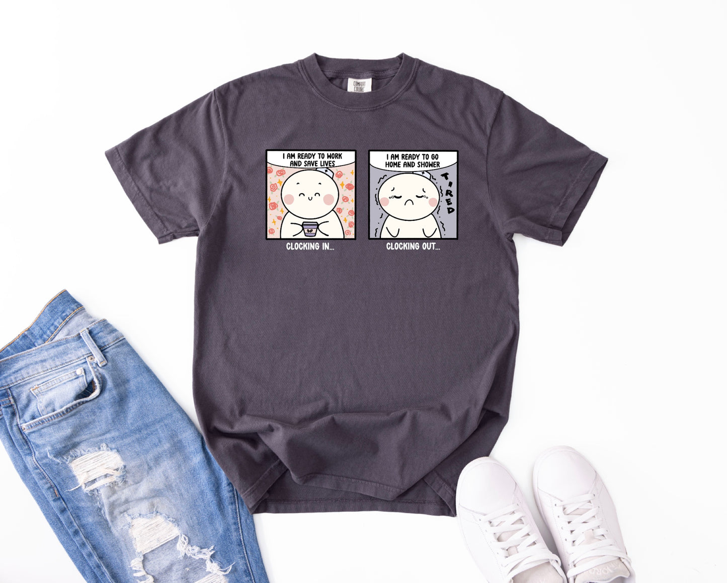 Clocking In and Clocking Out - Cute, Funny Doodle Nurse Shirt - Crew Neck Short Sleeve Shirt
