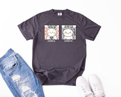 Clocking In and Clocking Out - Cute, Funny Doodle Nurse Shirt - Crew Neck Short Sleeve Shirt