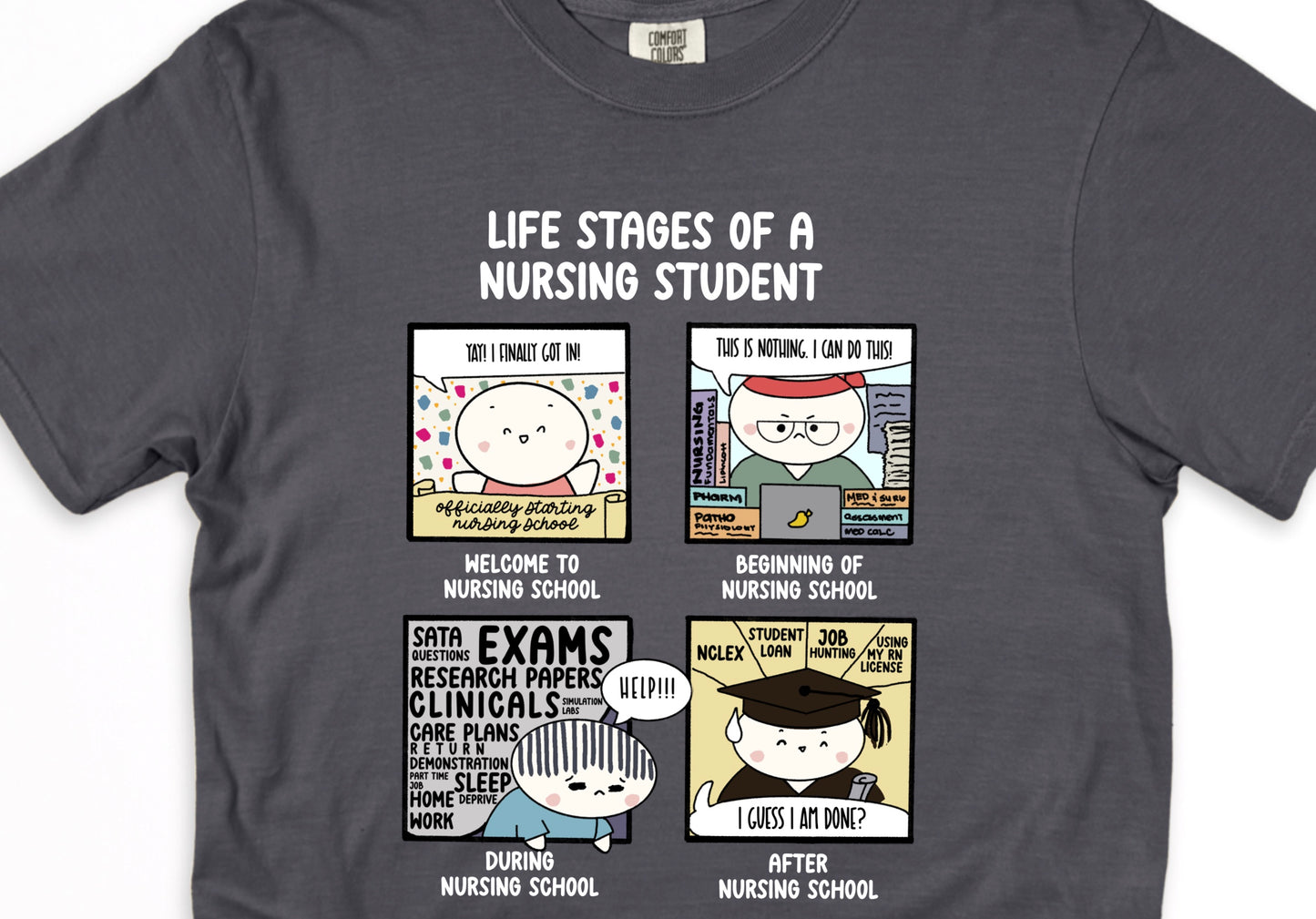 Life Stages of a Nursing Student - Cute, Funny Doodle Nursing Student Shirt - Crew Neck Short Sleeve Shirt