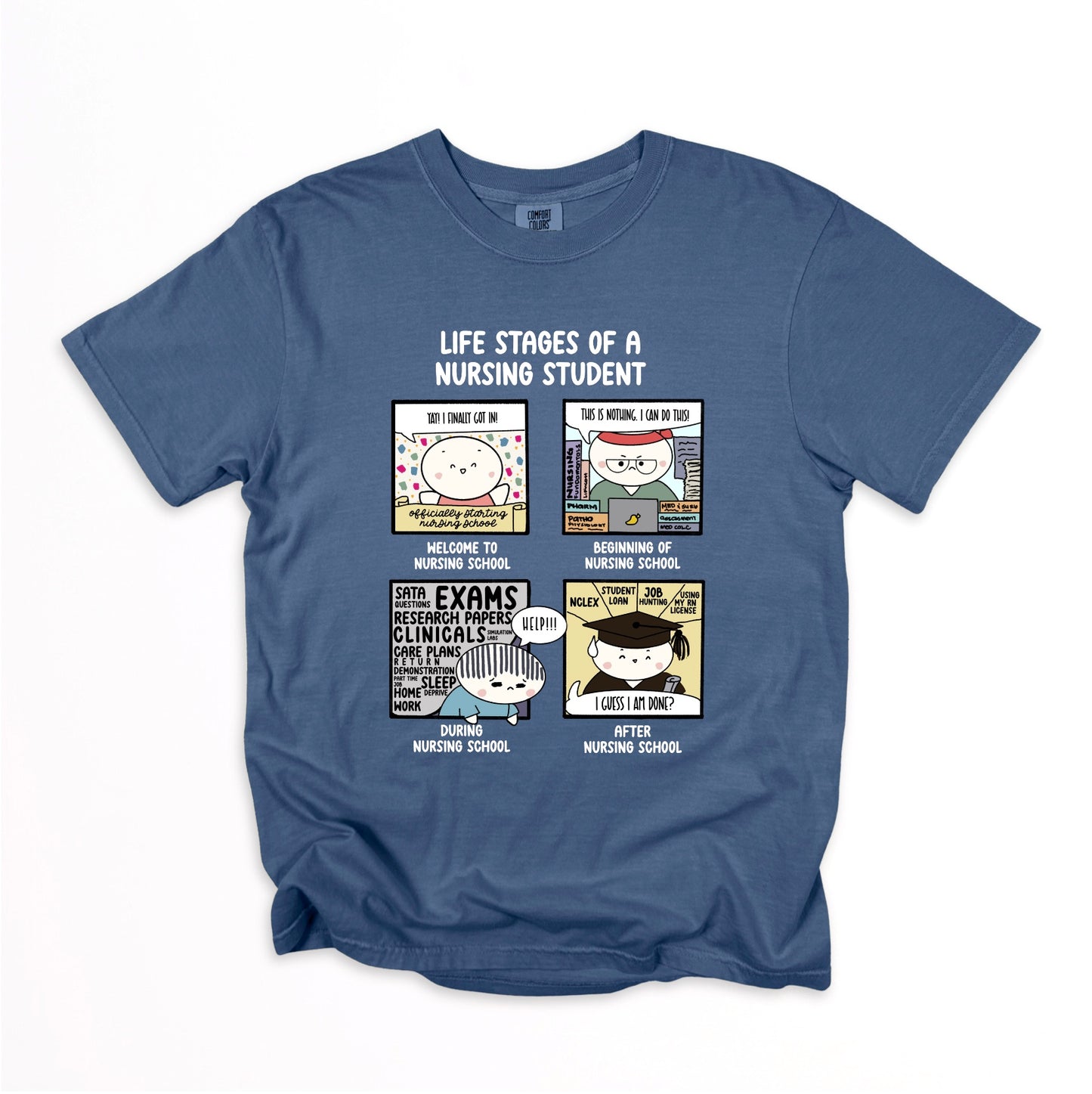 Life Stages of a Nursing Student - Cute, Funny Doodle Nursing Student Shirt - Crew Neck Short Sleeve Shirt