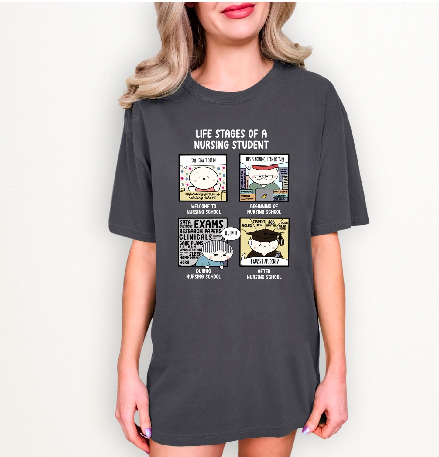 Life Stages of a Nursing Student - Cute, Funny Doodle Nursing Student Shirt - Crew Neck Short Sleeve Shirt