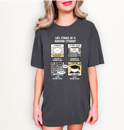 Life Stages of a Nursing Student - Cute, Funny Doodle Nursing Student Shirt - Crew Neck Short Sleeve Shirt