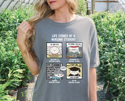 Life Stages of a Nursing Student - Cute, Funny Doodle Nursing Student Shirt - Crew Neck Short Sleeve Shirt