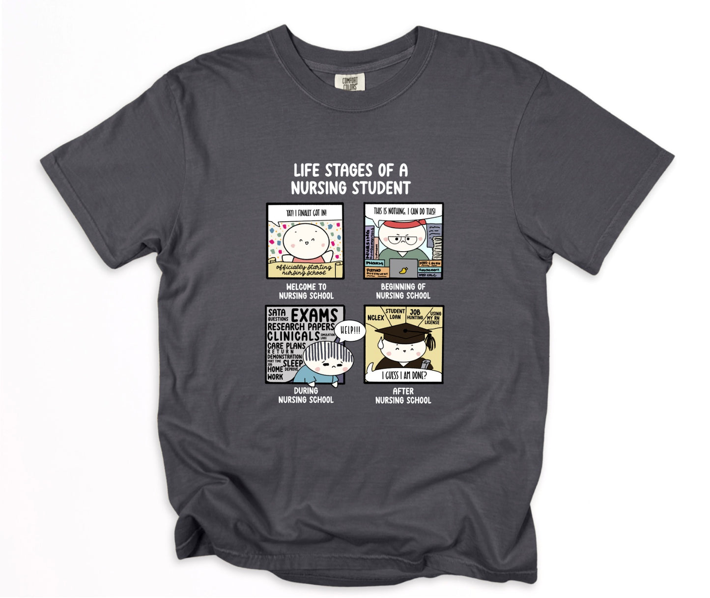 Life Stages of a Nursing Student - Cute, Funny Doodle Nursing Student Shirt - Crew Neck Short Sleeve Shirt