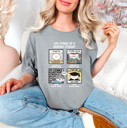 Life Stages of a Nursing Student - Cute, Funny Doodle Nursing Student Shirt - Crew Neck Short Sleeve Shirt