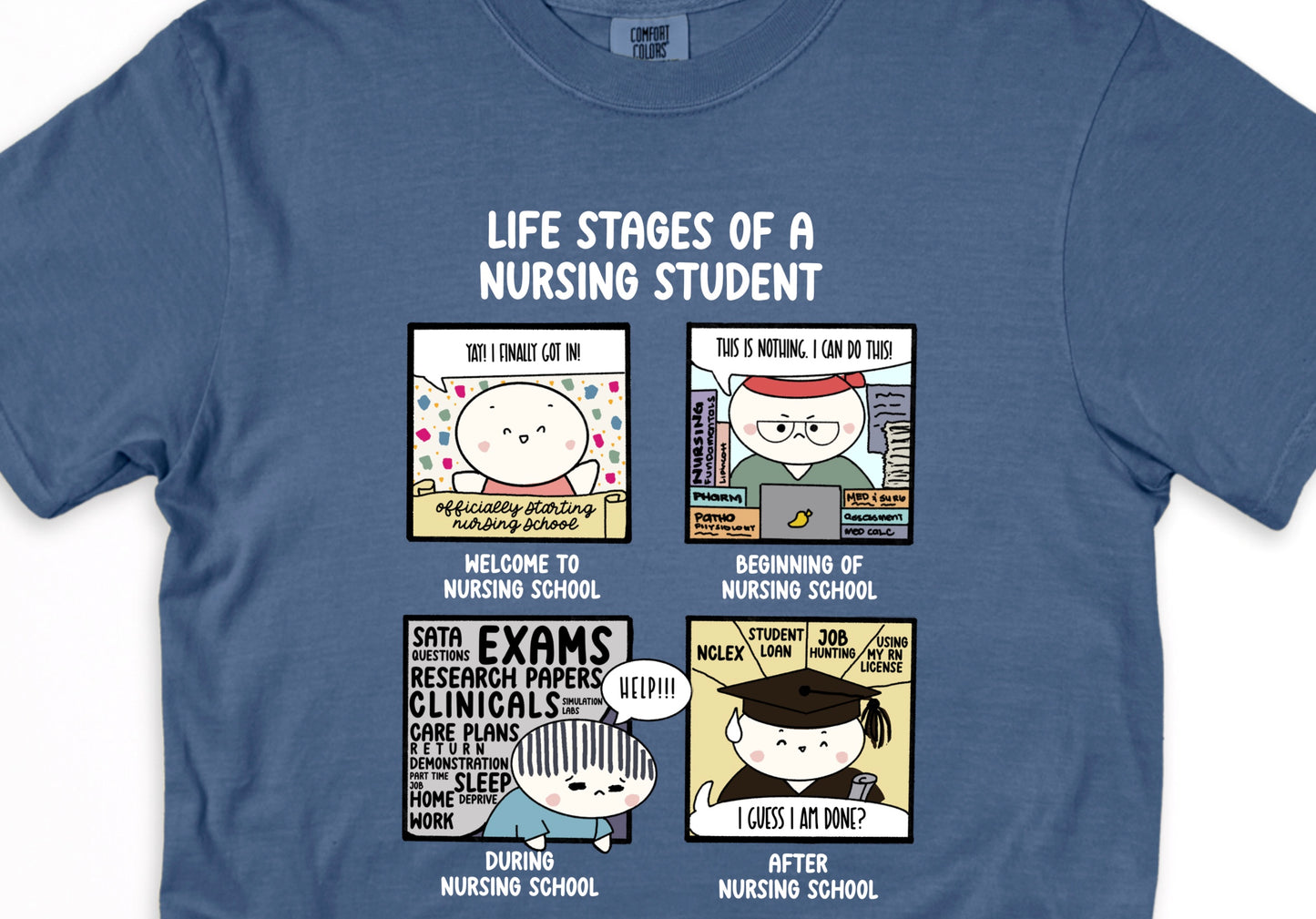 Life Stages of a Nursing Student - Cute, Funny Doodle Nursing Student Shirt - Crew Neck Short Sleeve Shirt