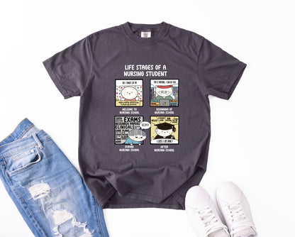 Life Stages of a Nursing Student - Cute, Funny Doodle Nursing Student Shirt - Crew Neck Short Sleeve Shirt