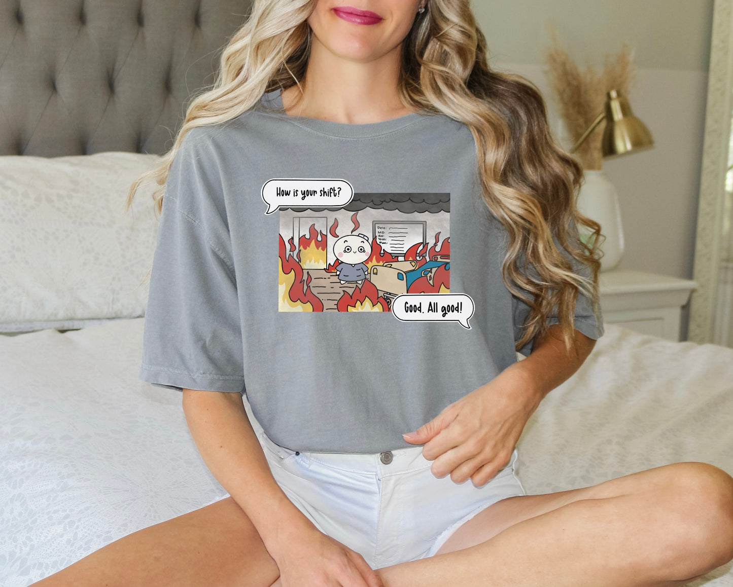 How is your shift? - Cute, Funny Doodle Nurse Shirt - Crew Neck Short Sleeve Shirt