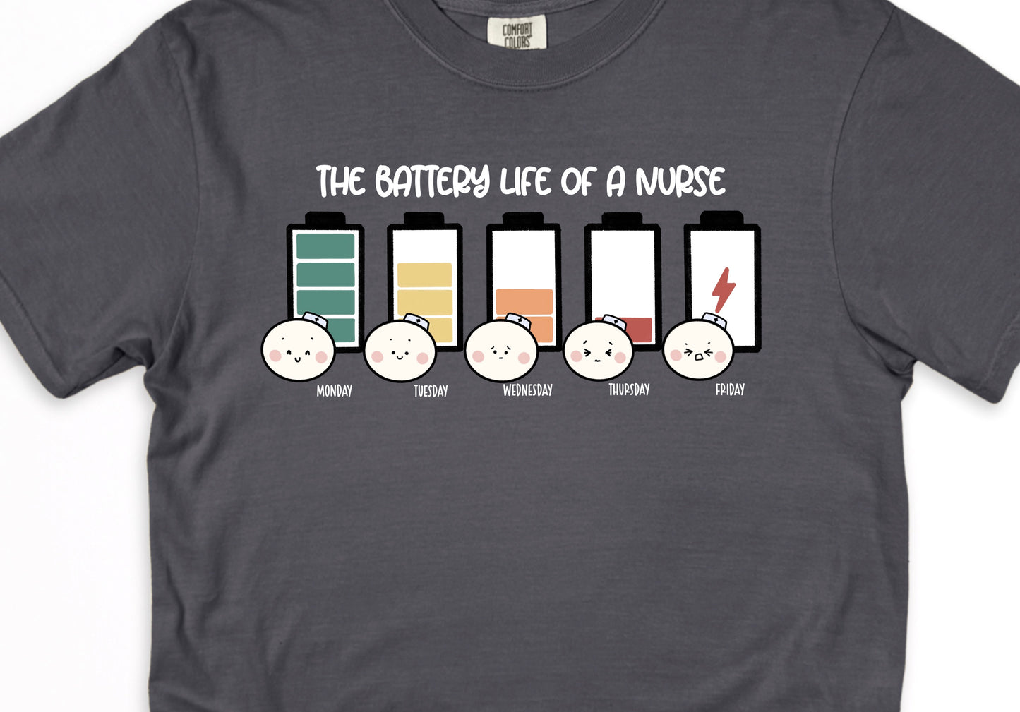 The Battery Life of a Nurse - Cute, Funny Doodle Nurse Shirt - Crew Neck Short Sleeve Shirt
